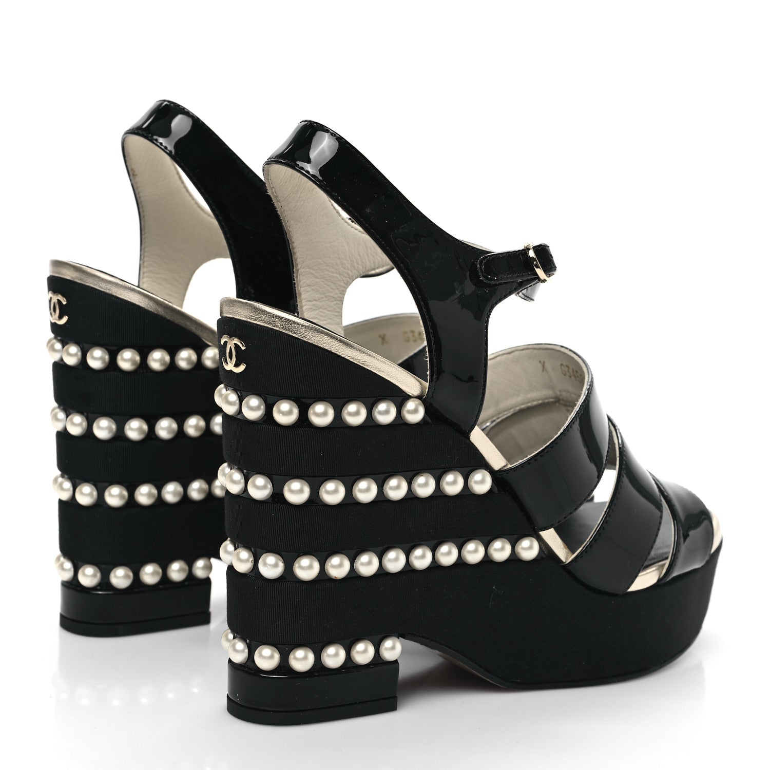 Chanel Calfskin Grosgrain Pearl CC Wedge Sandals for Women