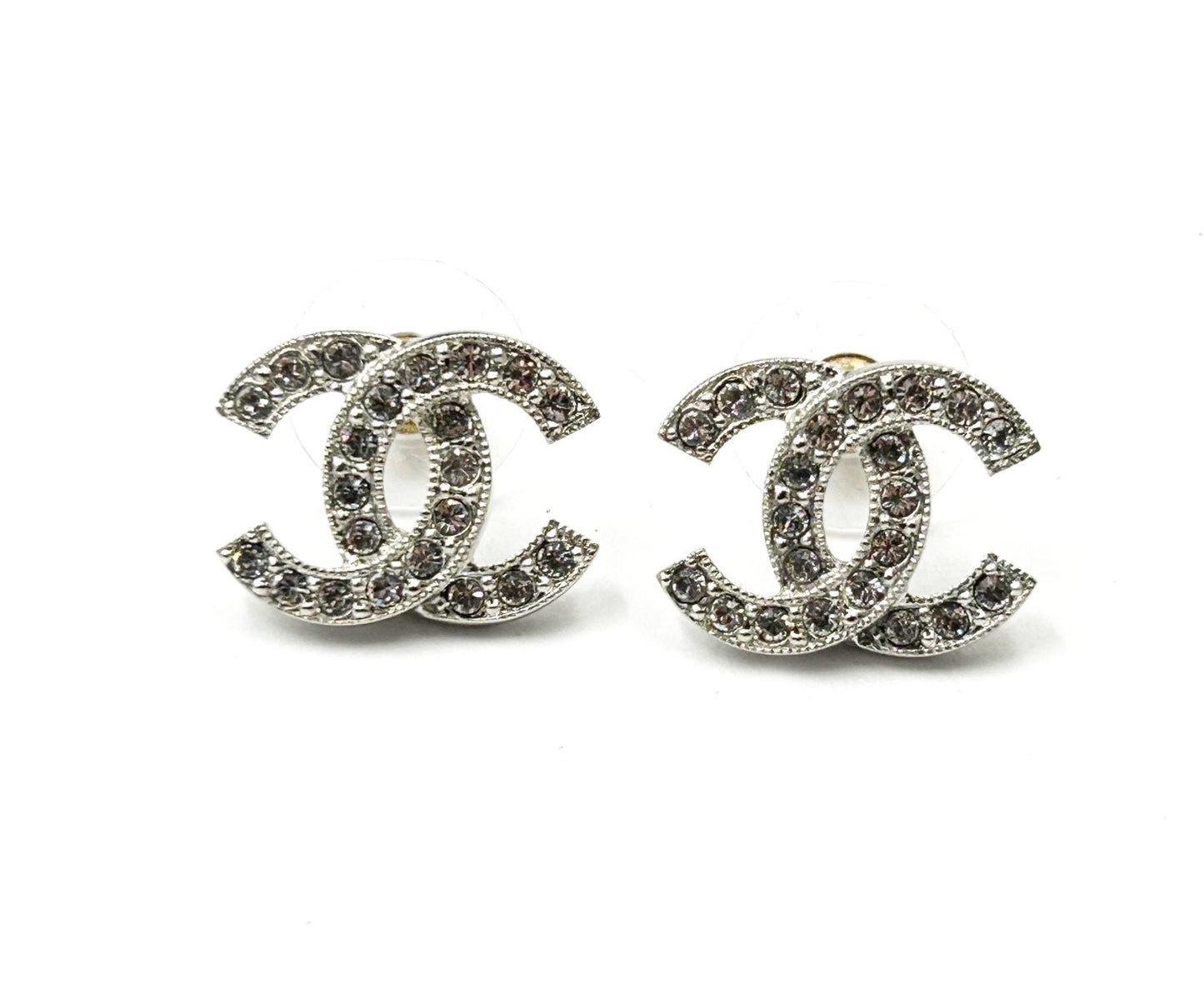 Chanel Classic Silver CC Crystal Reissued Piercing Earrings