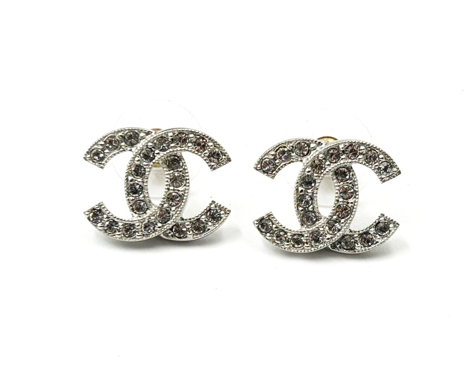 Chanel Classic Silver CC Crystal Reissued Piercing Earrings
