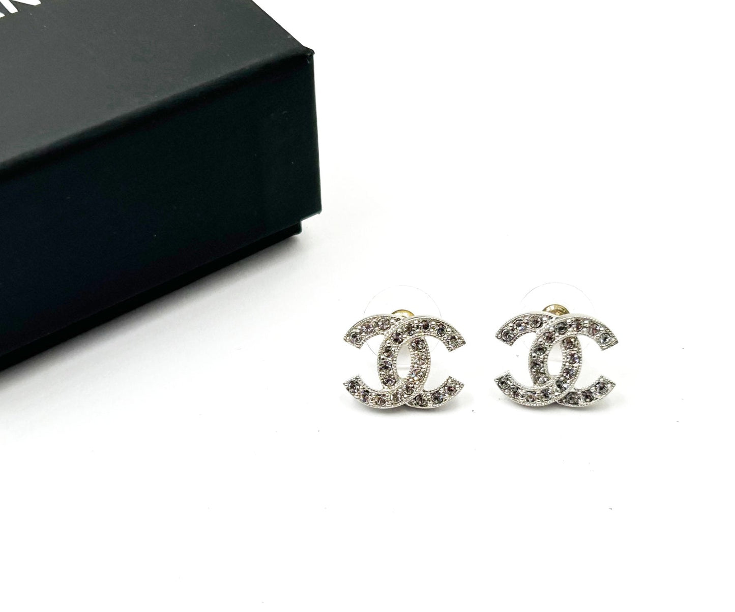 Chanel Classic Silver CC Crystal Reissued Piercing Earrings