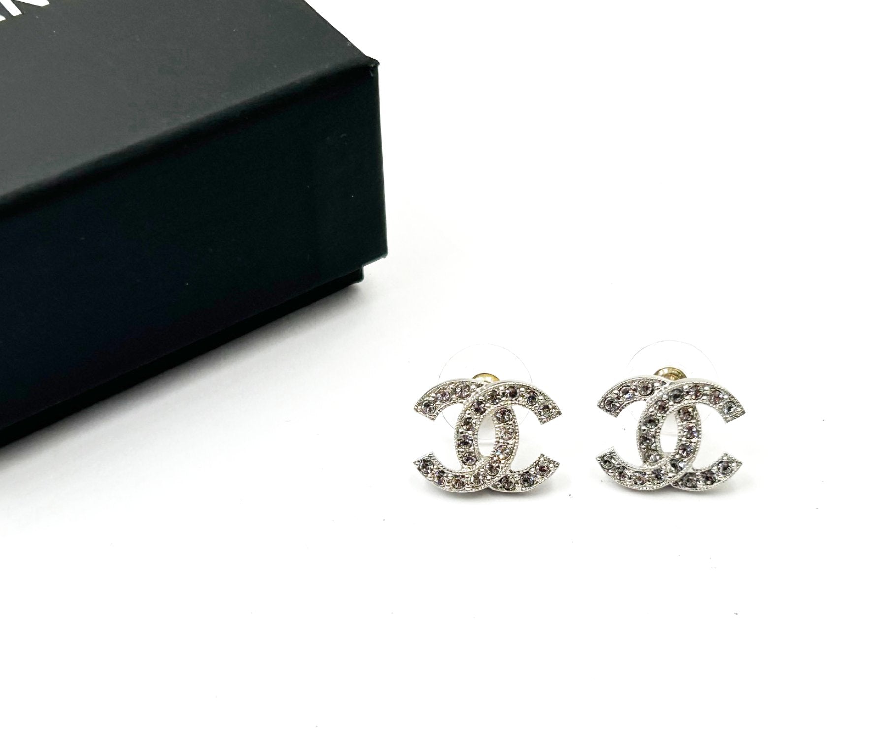 Chanel Classic Silver CC Crystal Reissued Piercing Earrings