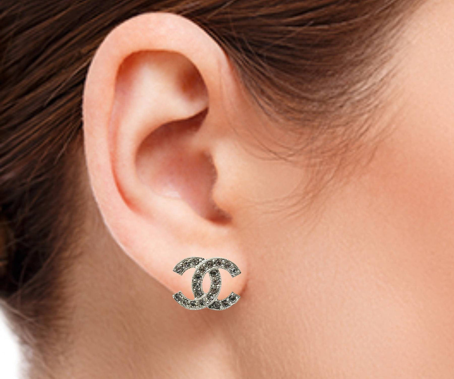 Chanel Classic Silver CC Crystal Reissued Piercing Earrings