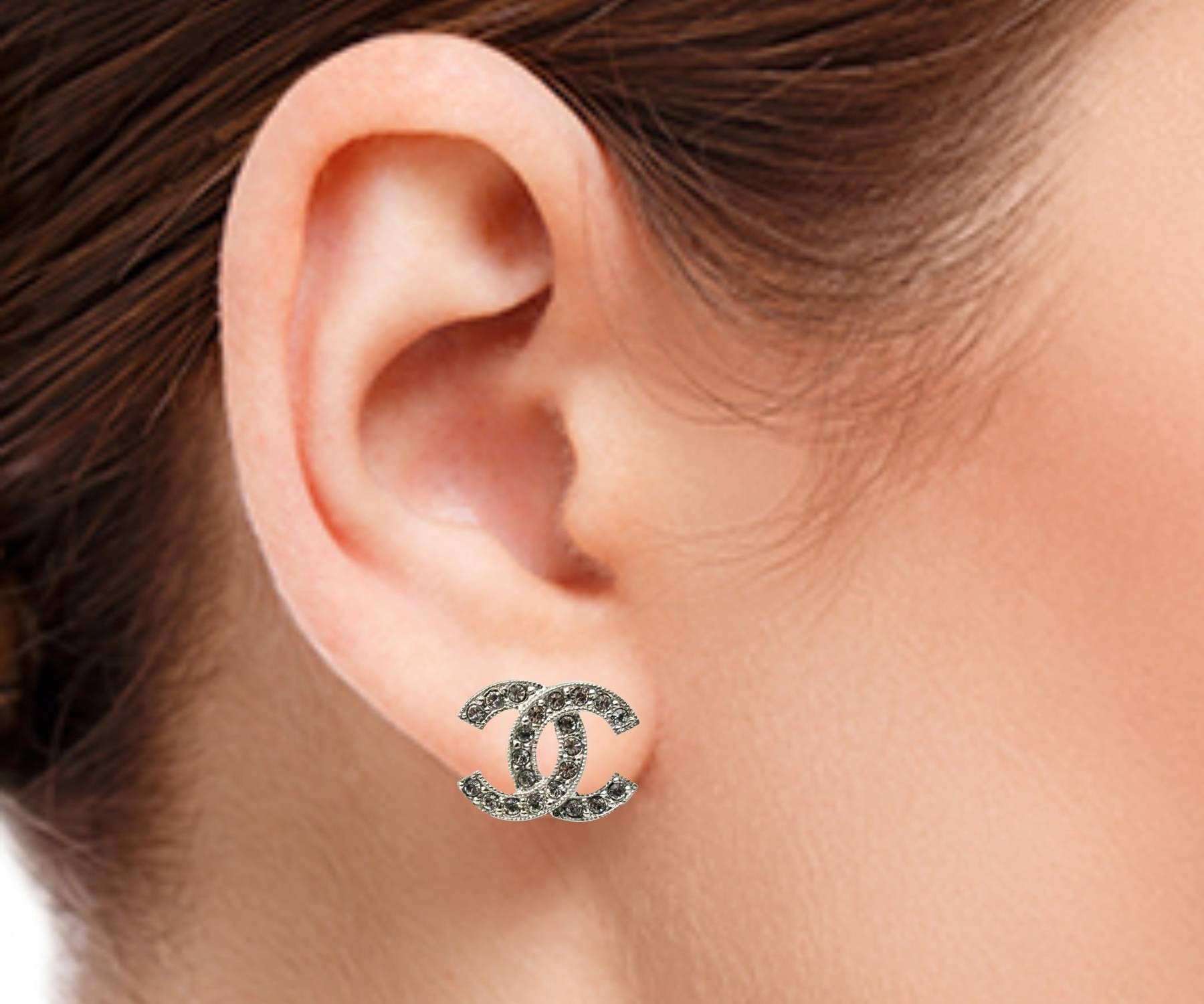 Chanel Classic Silver CC Crystal Reissued Piercing Earrings