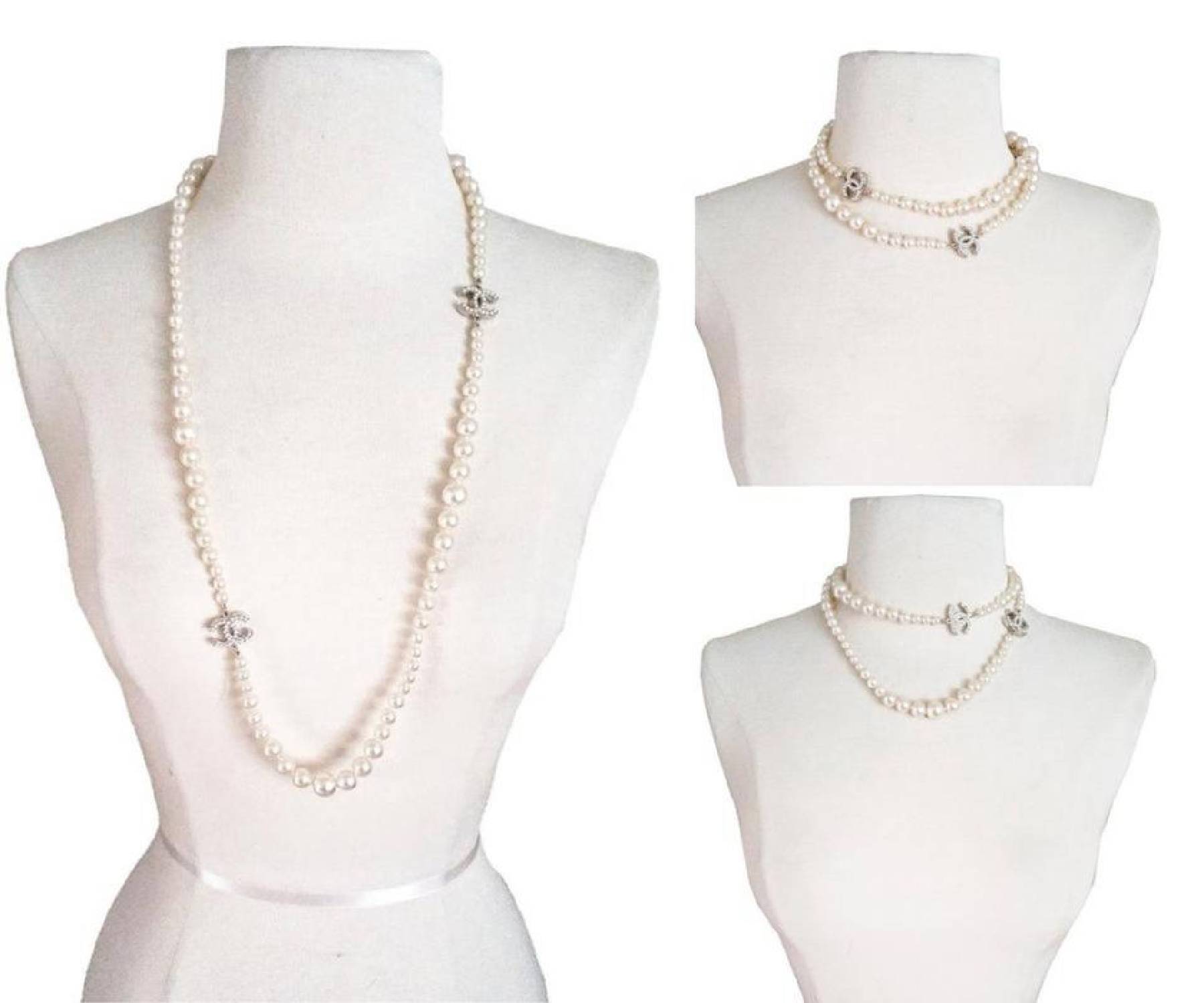Chanel Classic  Silver CC White Bead Pearl Necklace