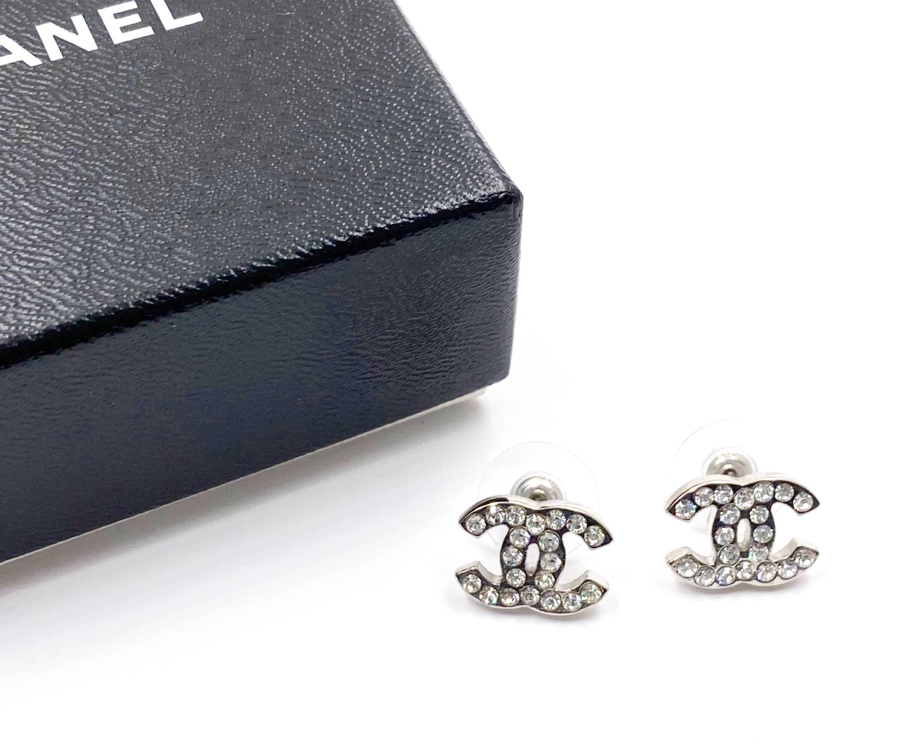 Chanel Classic Silver CC Crystal Medium Piercing Earrings