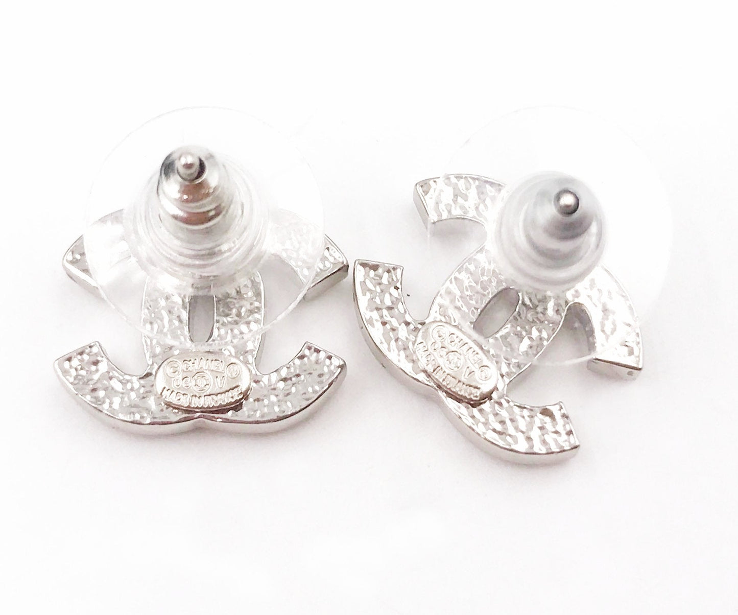 Chanel Classic Silver CC Crystal Medium Piercing Earrings