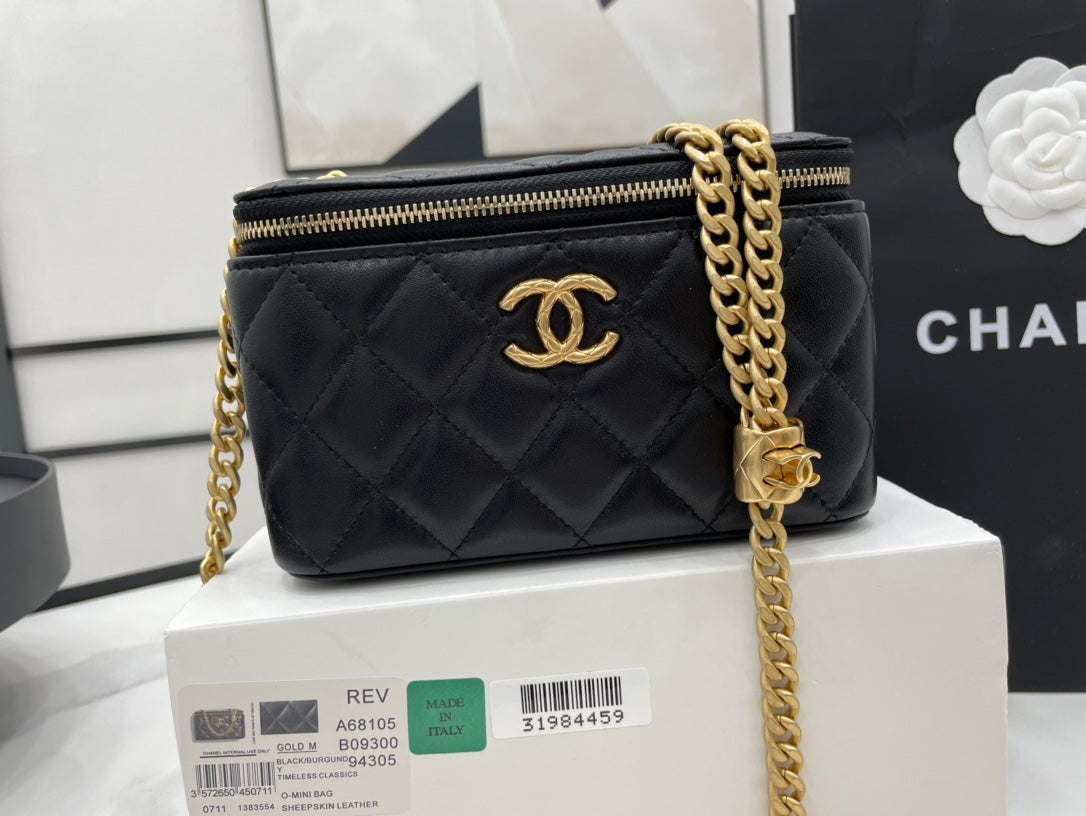 Chlsmall Vanity Case With Zipper For Women Black Gold Travel Bag