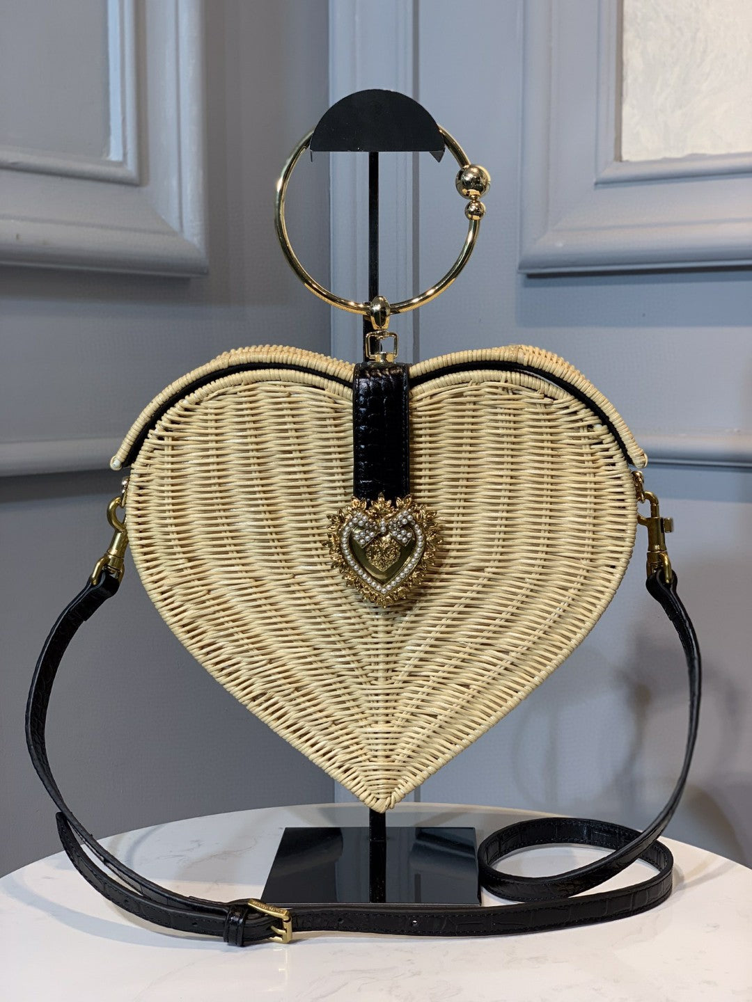 Devotion Crystal Heart Wicker Beige Top Handle Travel Bag