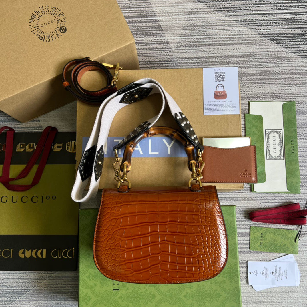 gg Bamboo Crocodile , ’s Red Top Handle Handbag