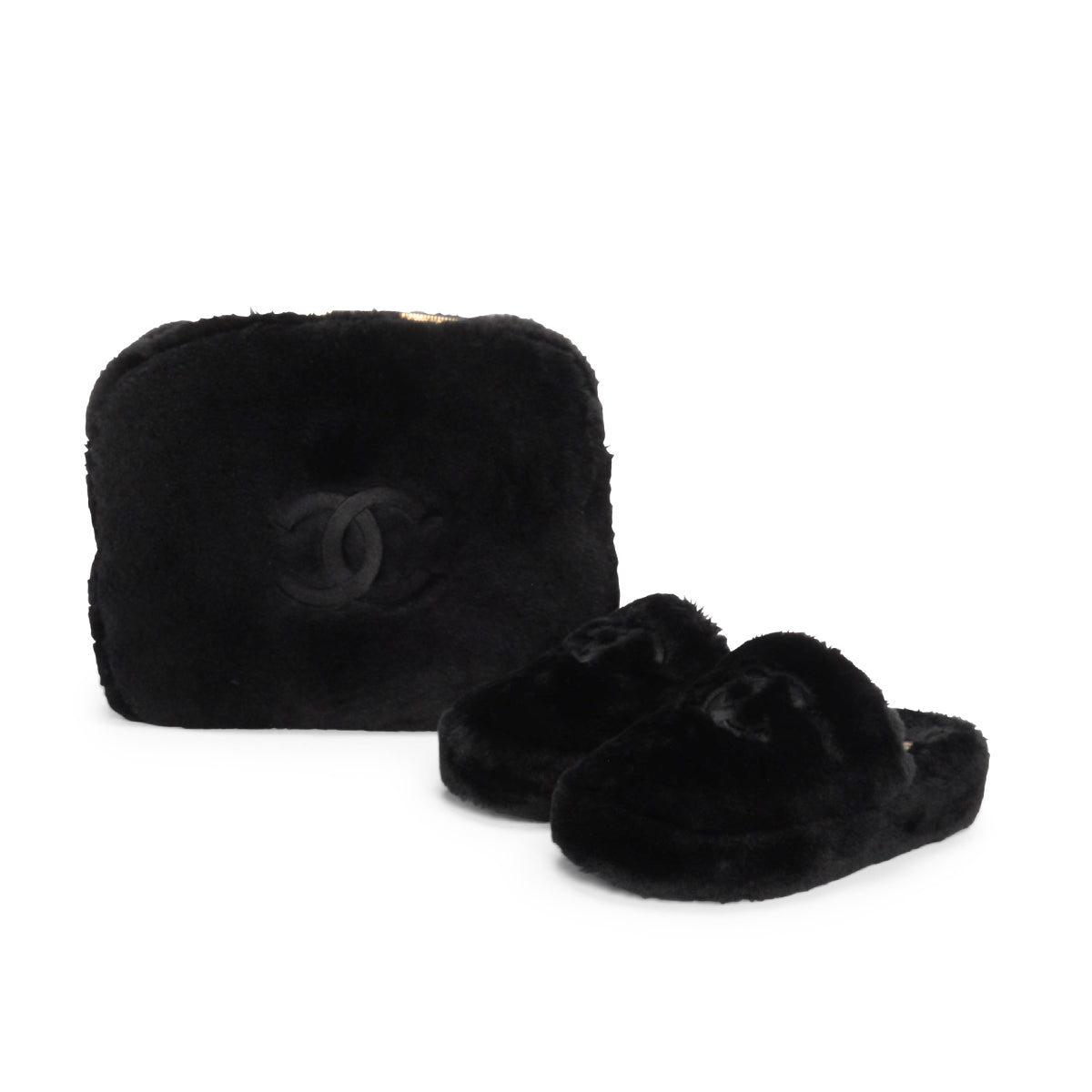 Chanel Black Shearling Cc Travel Slippers & Pouch Women Shoes