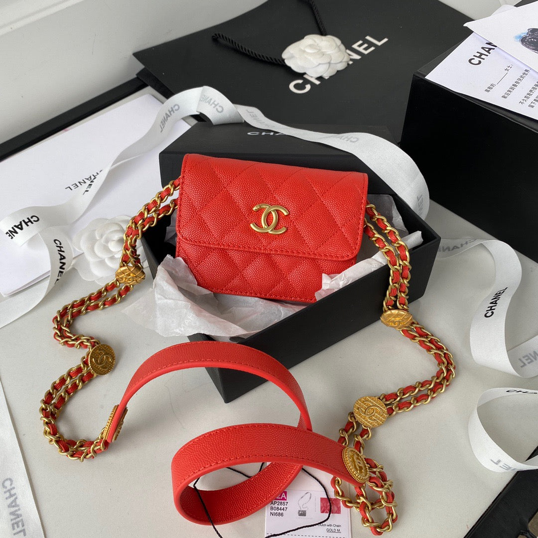 CHL Hardware Grained Shinny , Red Gold Chain Shoulder Bag