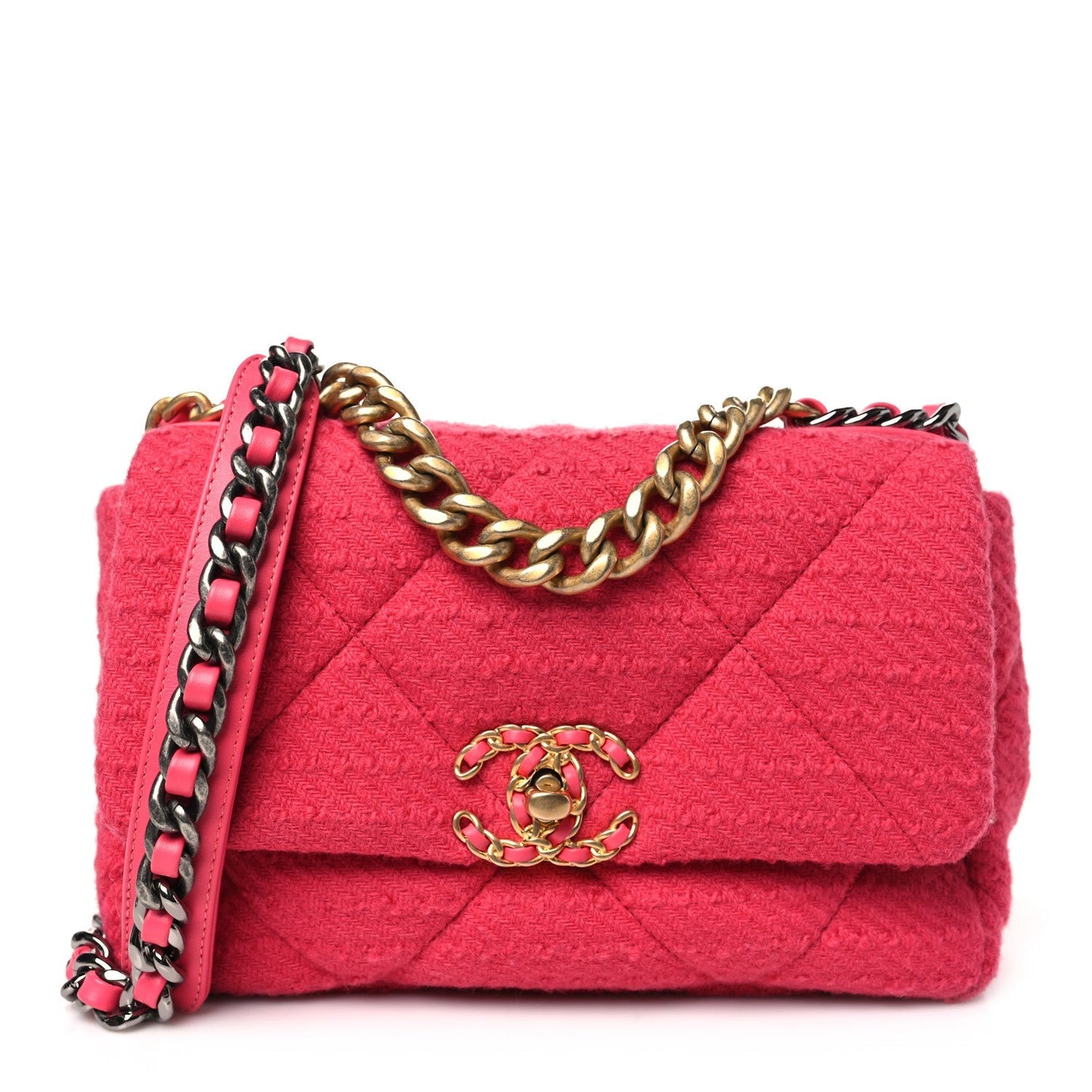 Tweed Quilted Medium Chanel 19 Flap Raspberry Bag