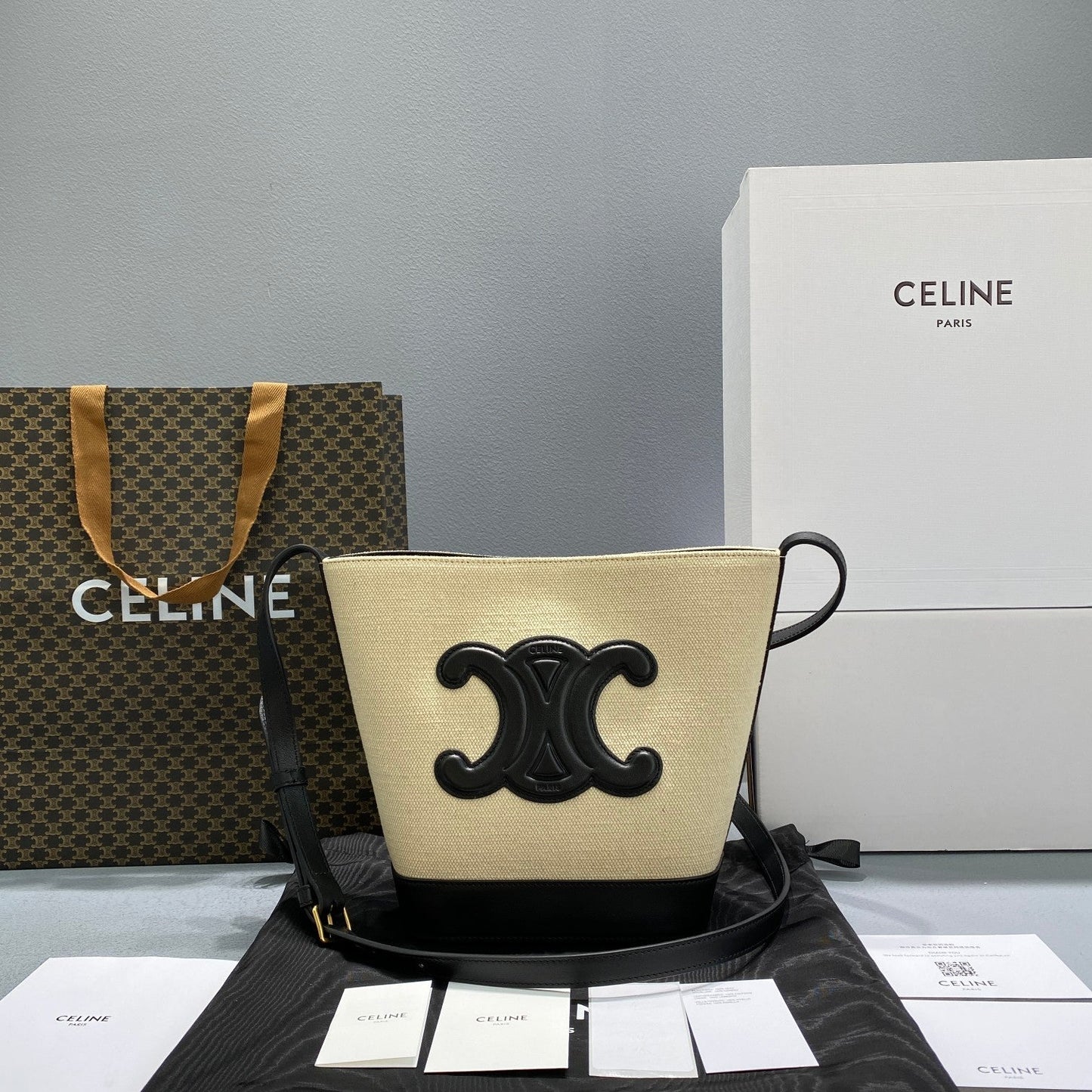 Top Quality Bucket Cuir Triomphe In Textile Black Beige Bucket Bag