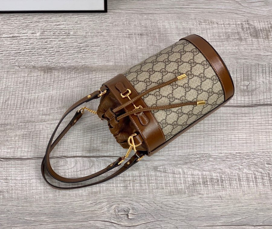 gg Horsebit gg Supreme 7.5in Canvas Brown Small Bucket Bag
