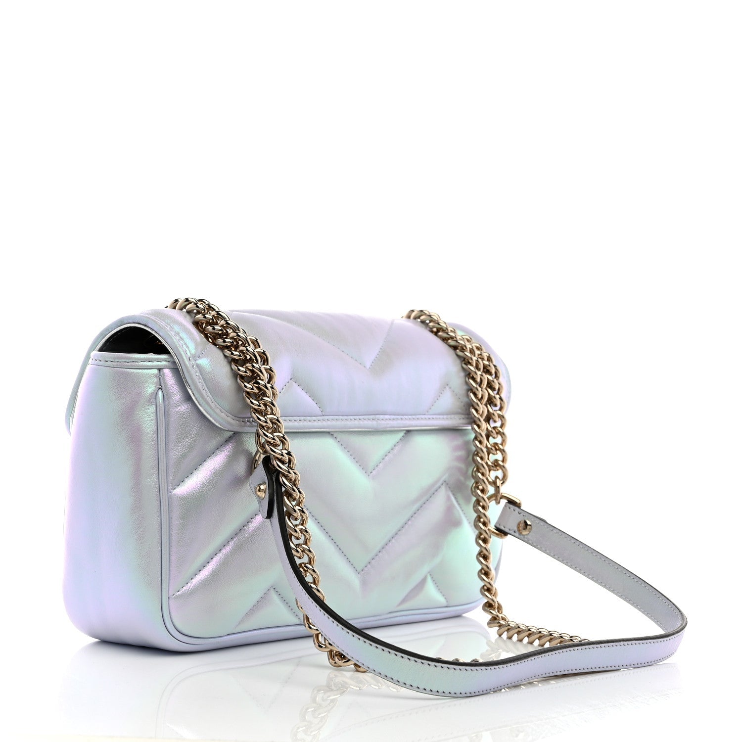 Gucci Iridescent Nappa Chevron Matelasse Small GG Marmont Shoulder Bag Iridescent Snow Light Blue