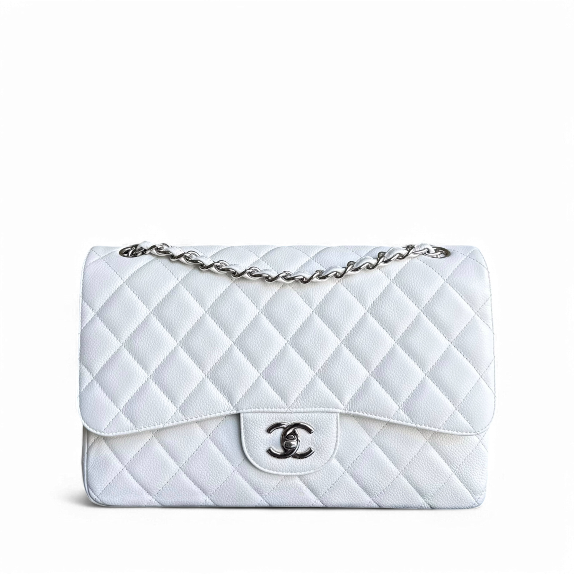 Chanel Classic Flap Jumbo - Caviar Double Flap 30CM Quilted White Silver Hardware Series 14