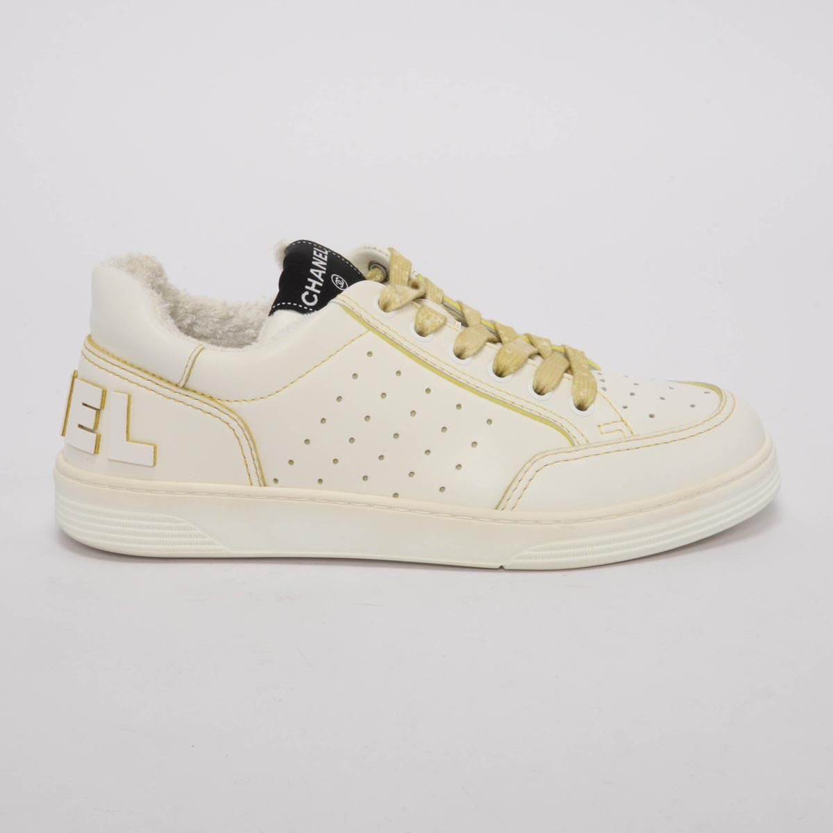 Chanel White & Yellow Calfskin Logo Sneakers 37.5 for Women