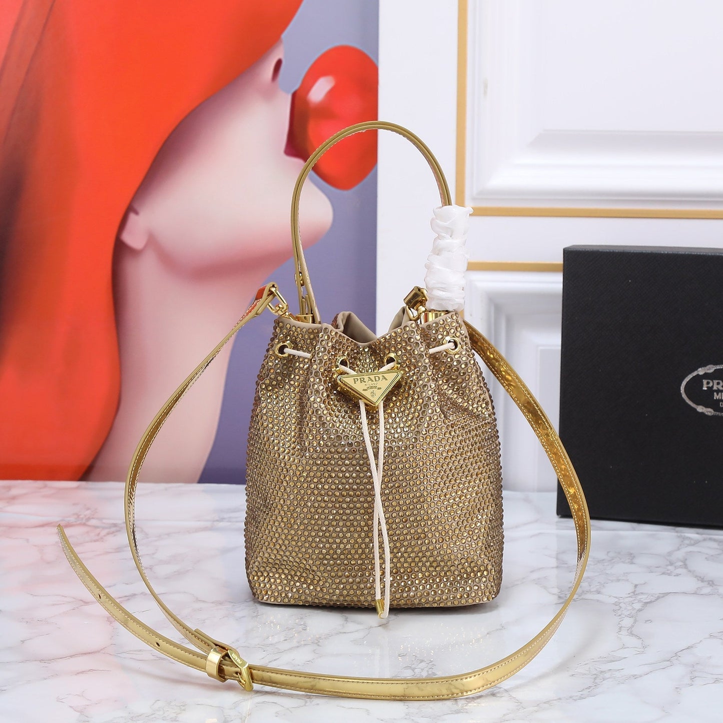 Prada Bolsa Strass Luxury Handbag Bucket Bucket Bag