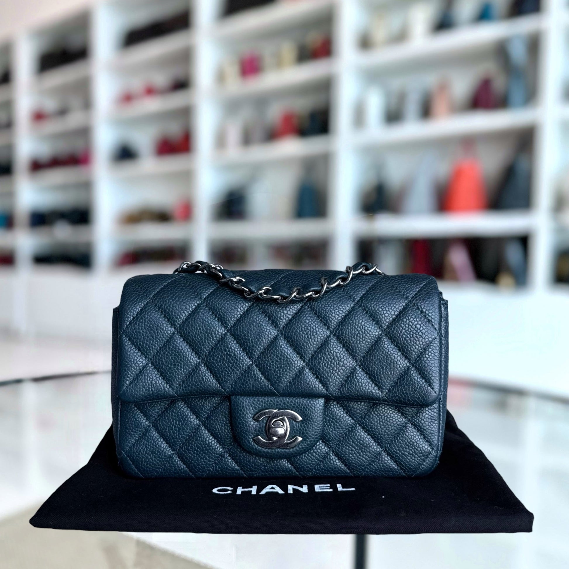 Chanel Classic Flap Mini - 20Cm Caviar Quilted Dark Blue Green Silver Hardware Series 20 Bag