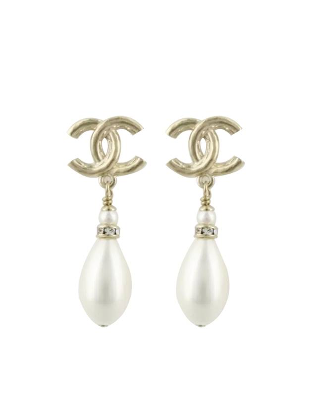 CC Logo Pearl Drop Earrings Gold Chanel