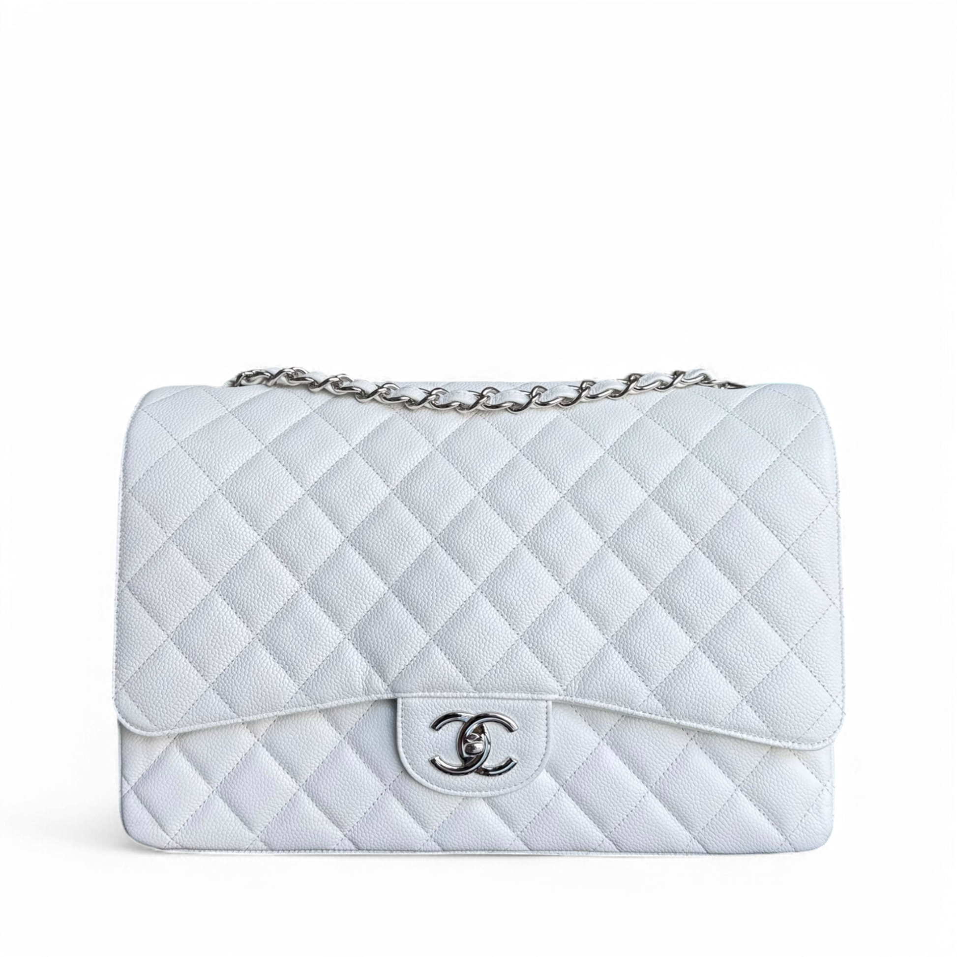 Chanel Classic Flap Maxi - Caviar Double Flap 33CM Quilted White Silver Hardware Series 14