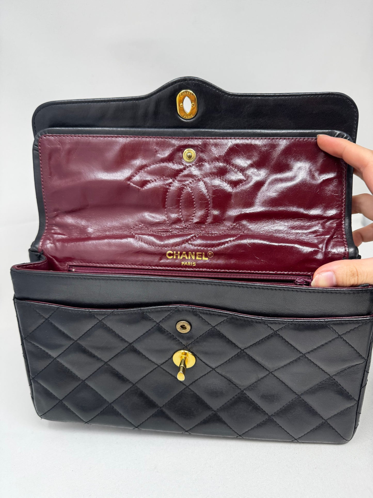 Chanel   Two Tone CC Flap Bag Quilted Lambskin Medium Black B-