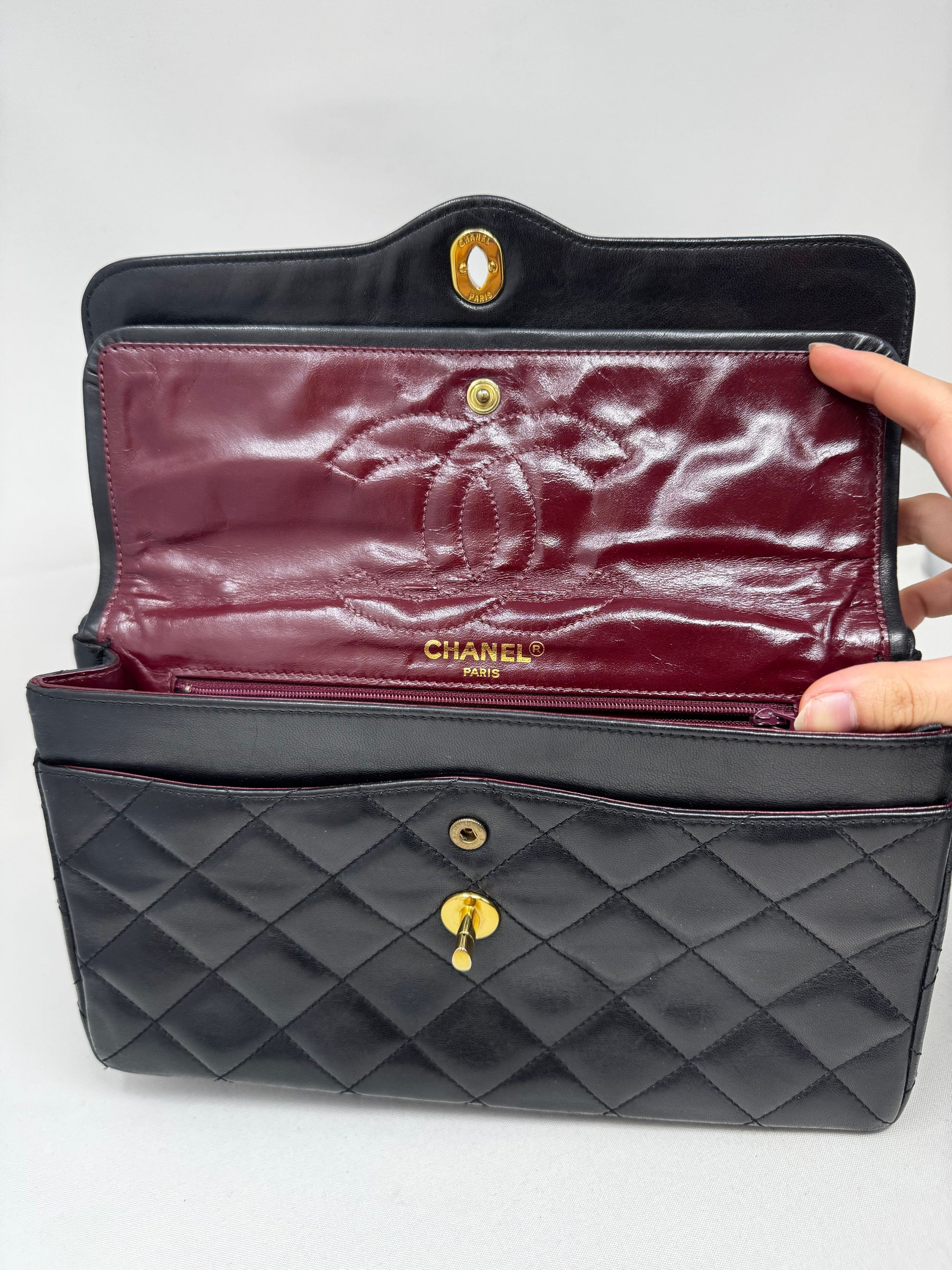 Chanel   Two Tone CC Flap Bag Quilted Lambskin Medium Black B-