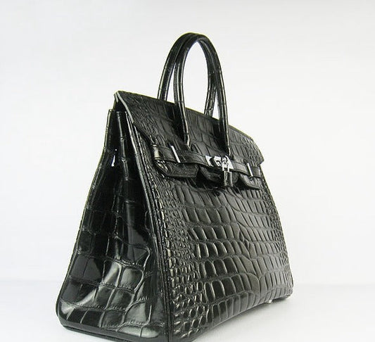 Hermes Luxury Birkin Cm Crocodile Big Veins Handbags Black Silver Travel Bag