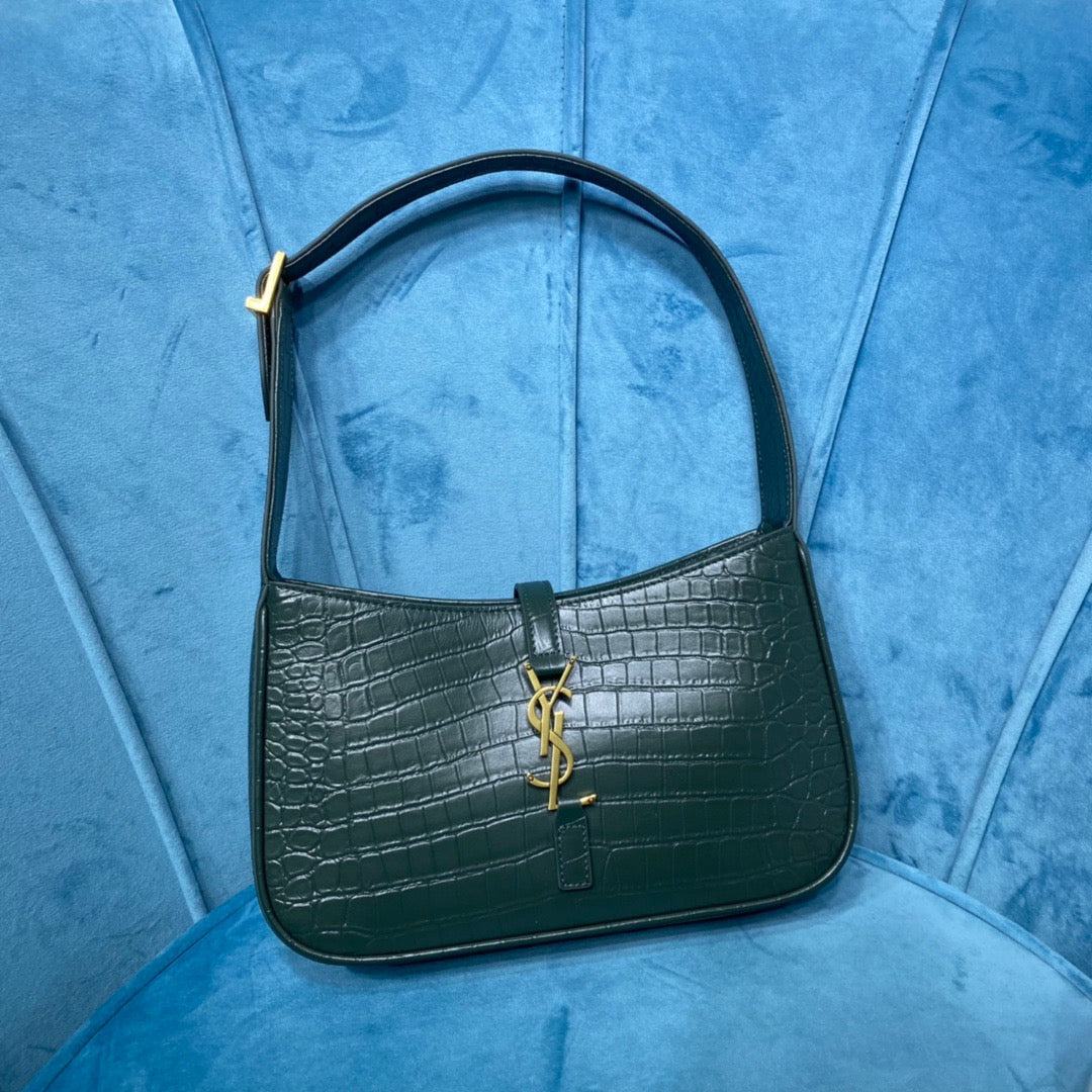 YSL Saint Laurent Le 5 Ã 7 Crocodile Green Shoulder Bag