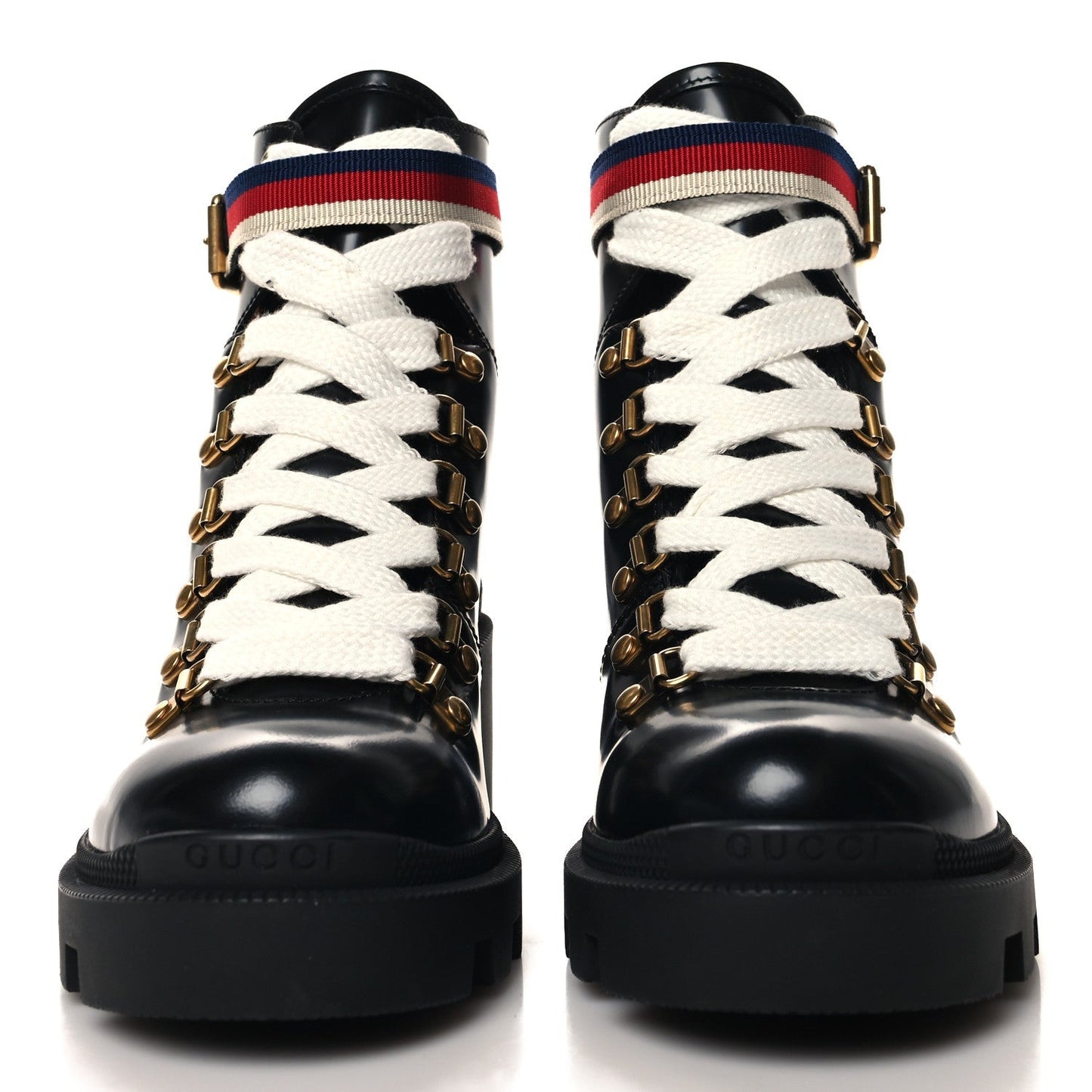 Gucci Calfskin Sylvie Web Lace Up Combat Boots 35 Black