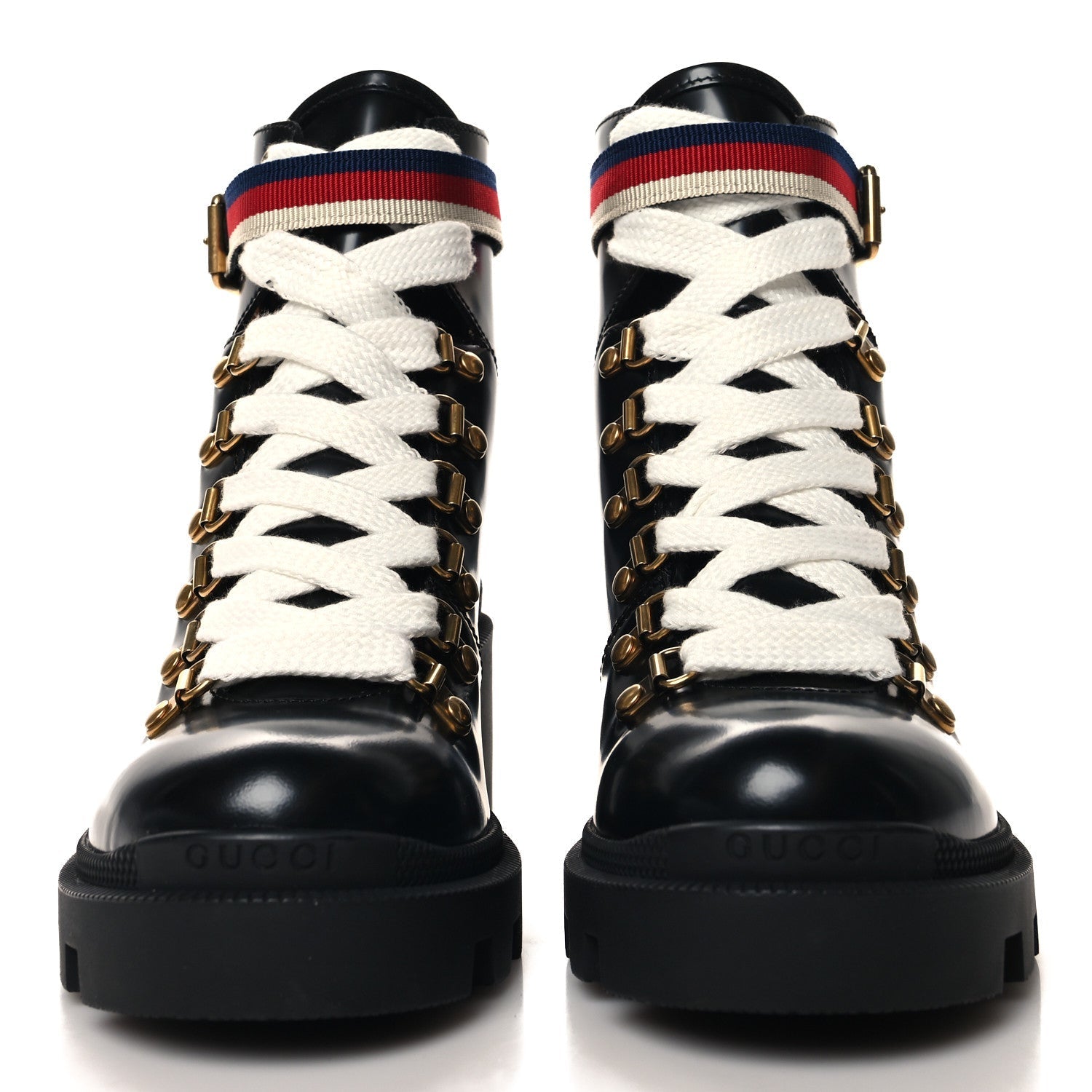 Gucci Calfskin Sylvie Web Lace Up Combat Boots 35 Black