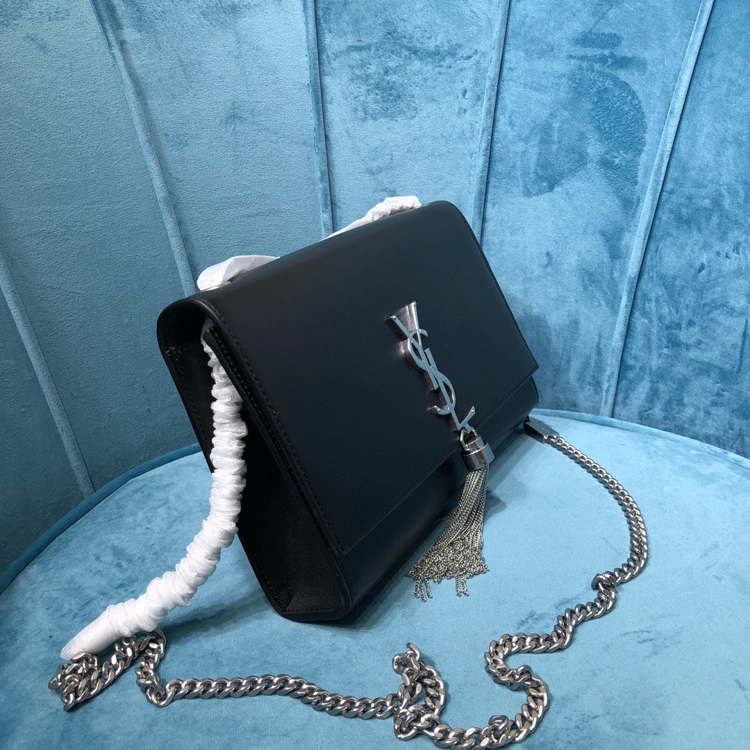 YSL Saint Laurent Kate Tassel 9in 24cm Grain De Poudre Black Medium Chain Handbag Ysl 354119Bow0N1000