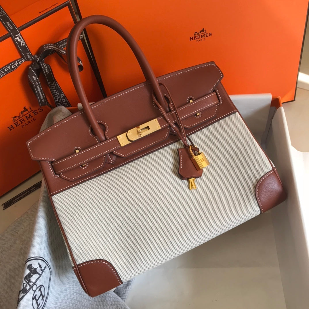 Top Quality Birkin Bag Toile And Barenia Brown Gold Shoulder Bag