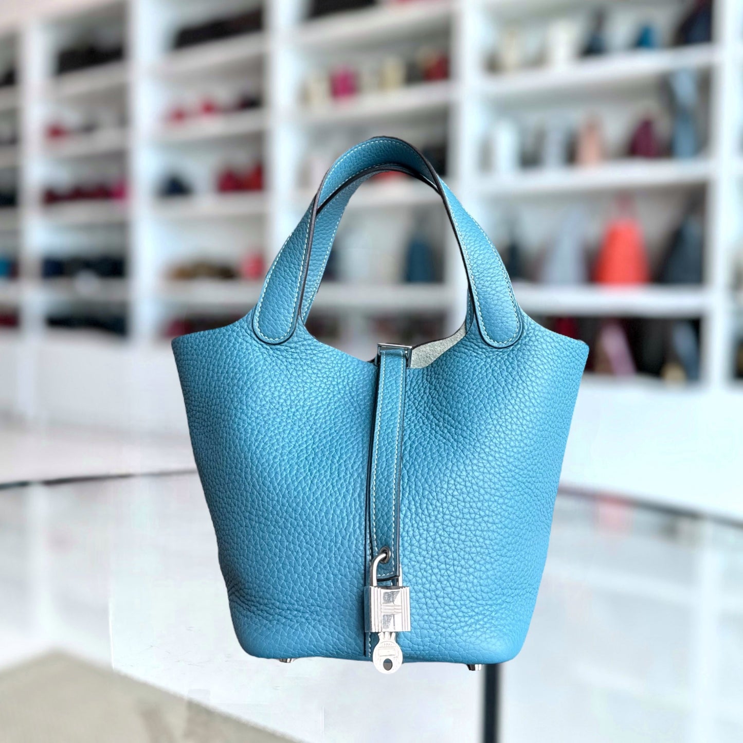 Hermes Picotin New Jean Mauve Pale Square Tc Clemence Blue Silver Travel Bag