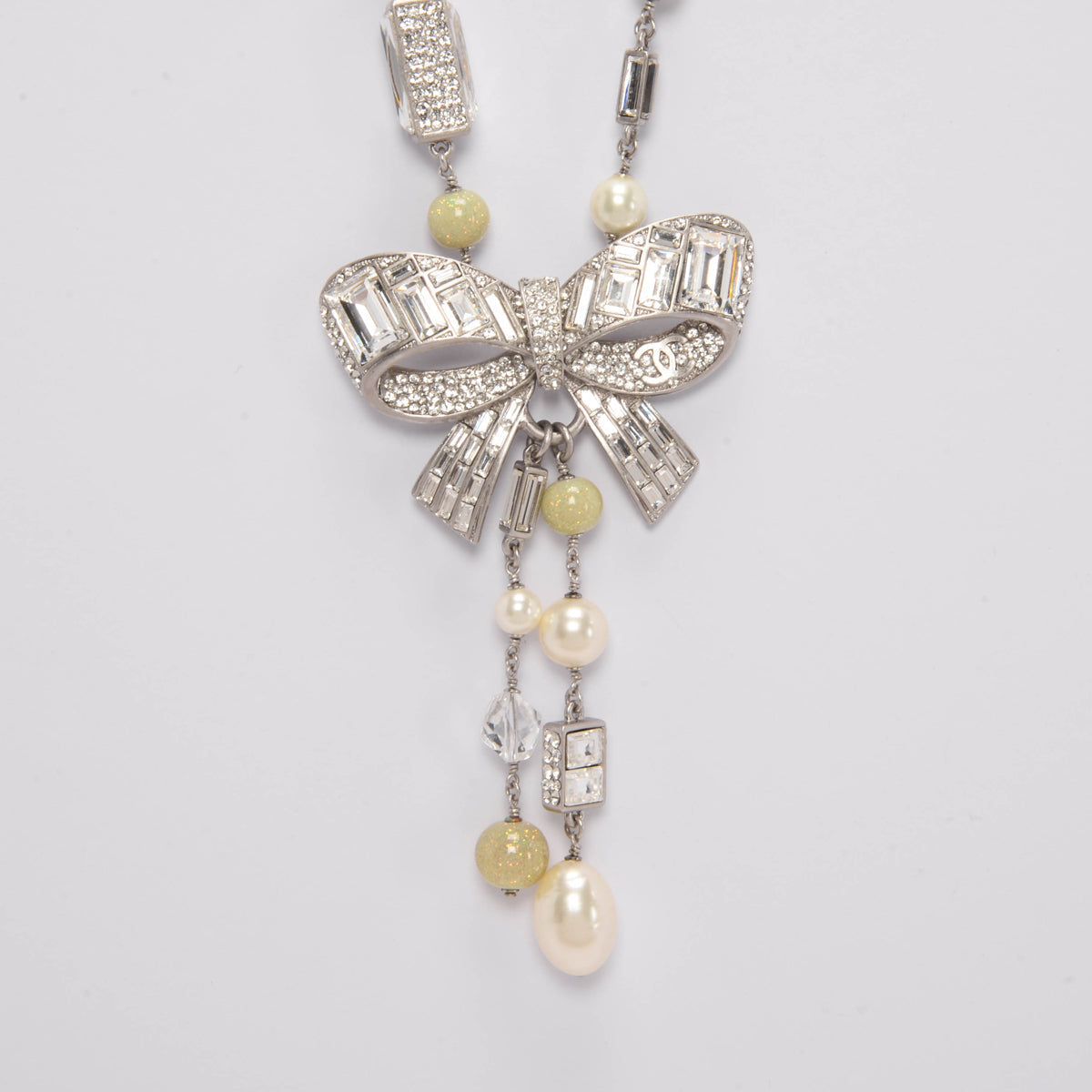 Chanel   Silver Baguette Crystal & Pearl Bow Necklace
