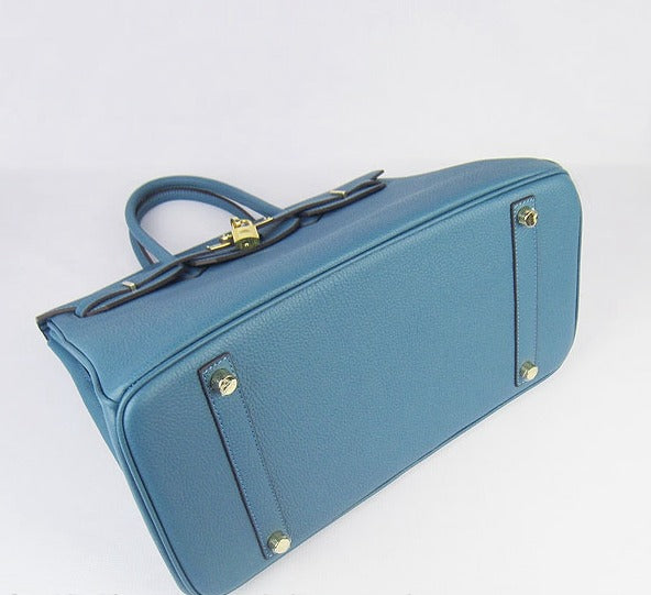 Hermes Luxury Birkin Cm Cattle Skin Vein Handbags Blue Gold Travel Bag