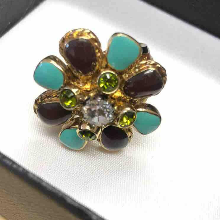 Chanel   Floral Ring with Box - Size .-, Gold Green Brown Flower Design