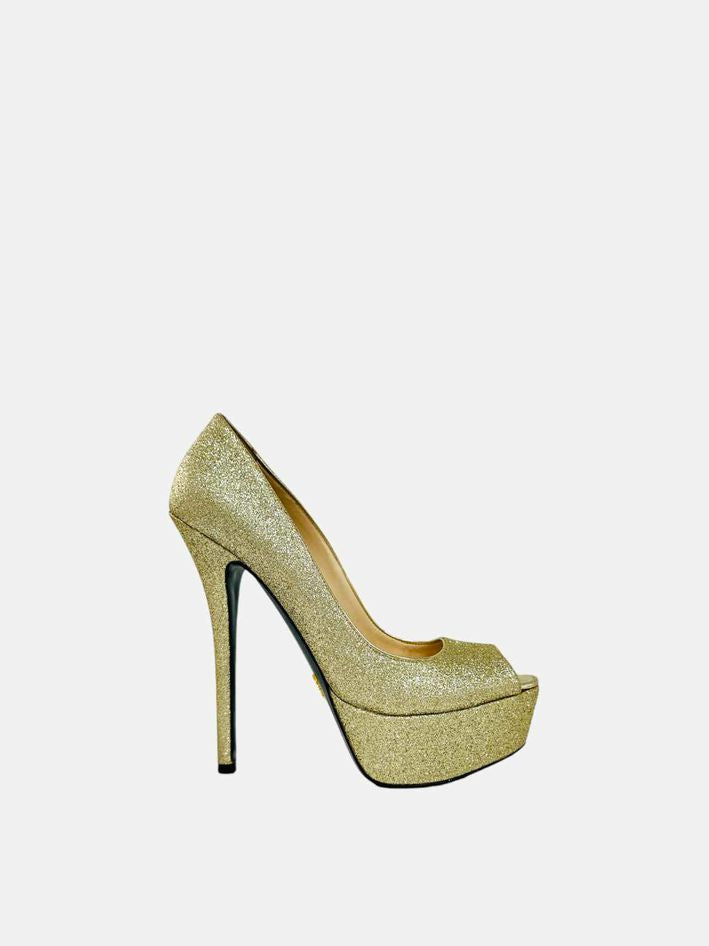 Prada Peep Toe Leather Black Gold Shoes