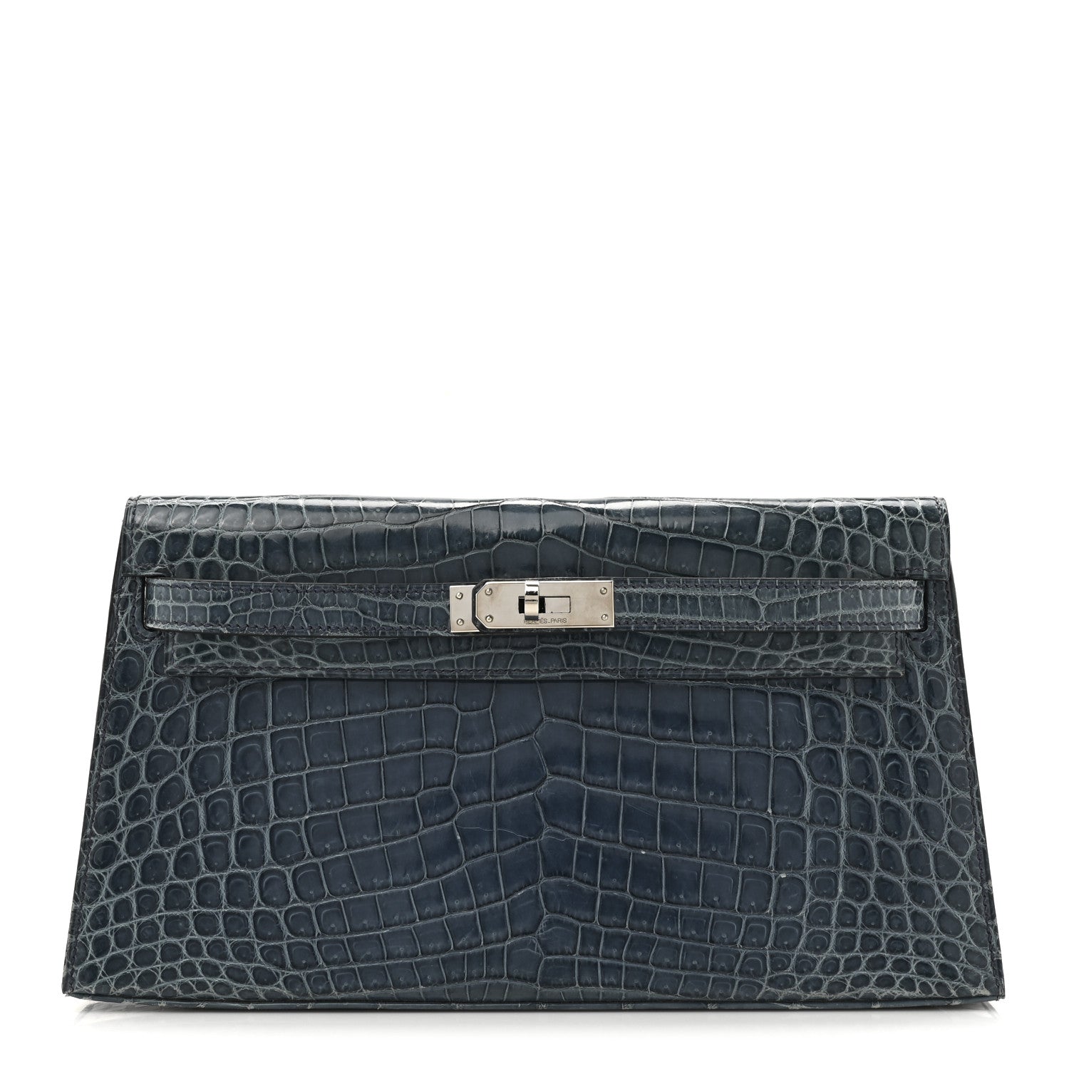 Hermes Shiny Niloticus Crocodile Kelly Elan Pochette Bleu Tempete Travel Bag