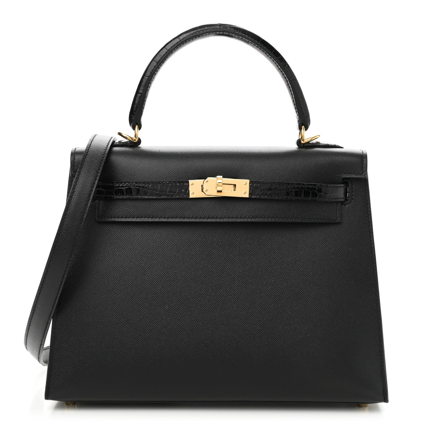 Hermes Madame Calfskin Shiny Niloticus Crocodile Kelly Sellier Touch Black Travel Bag