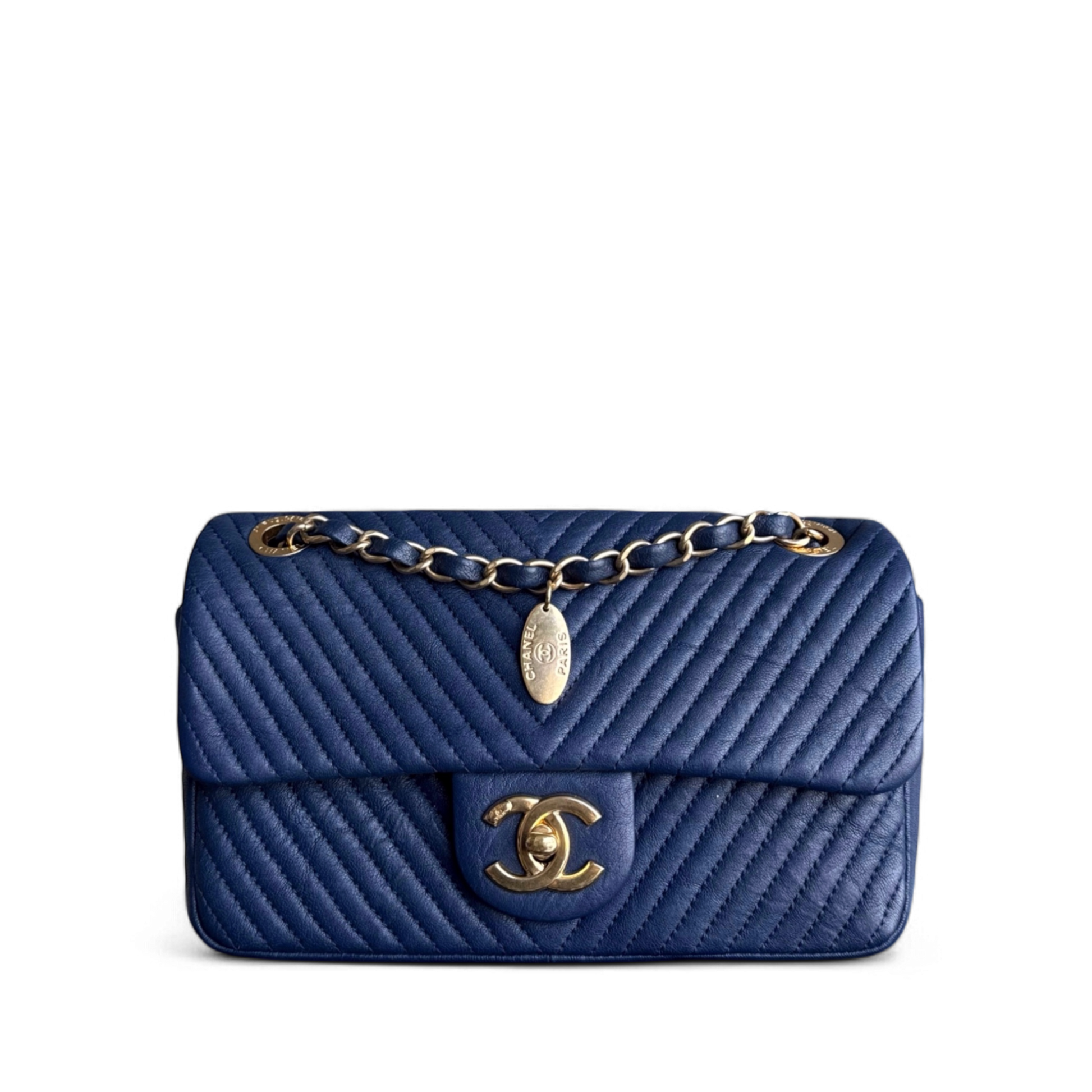Chanel Seasonal Flap Herringbone - 23CM Calfskin Chevron Blue Distressed Aged Gold Hardware Series 21
