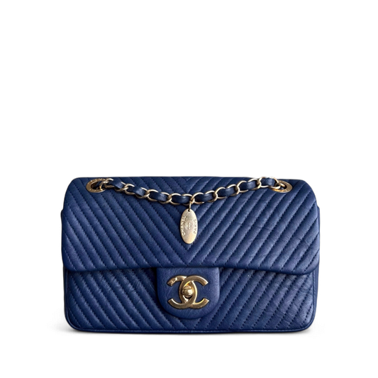 Chanel Seasonal Flap Herringbone - 23CM Calfskin Chevron Blue Distressed Aged Gold Hardware Series 21