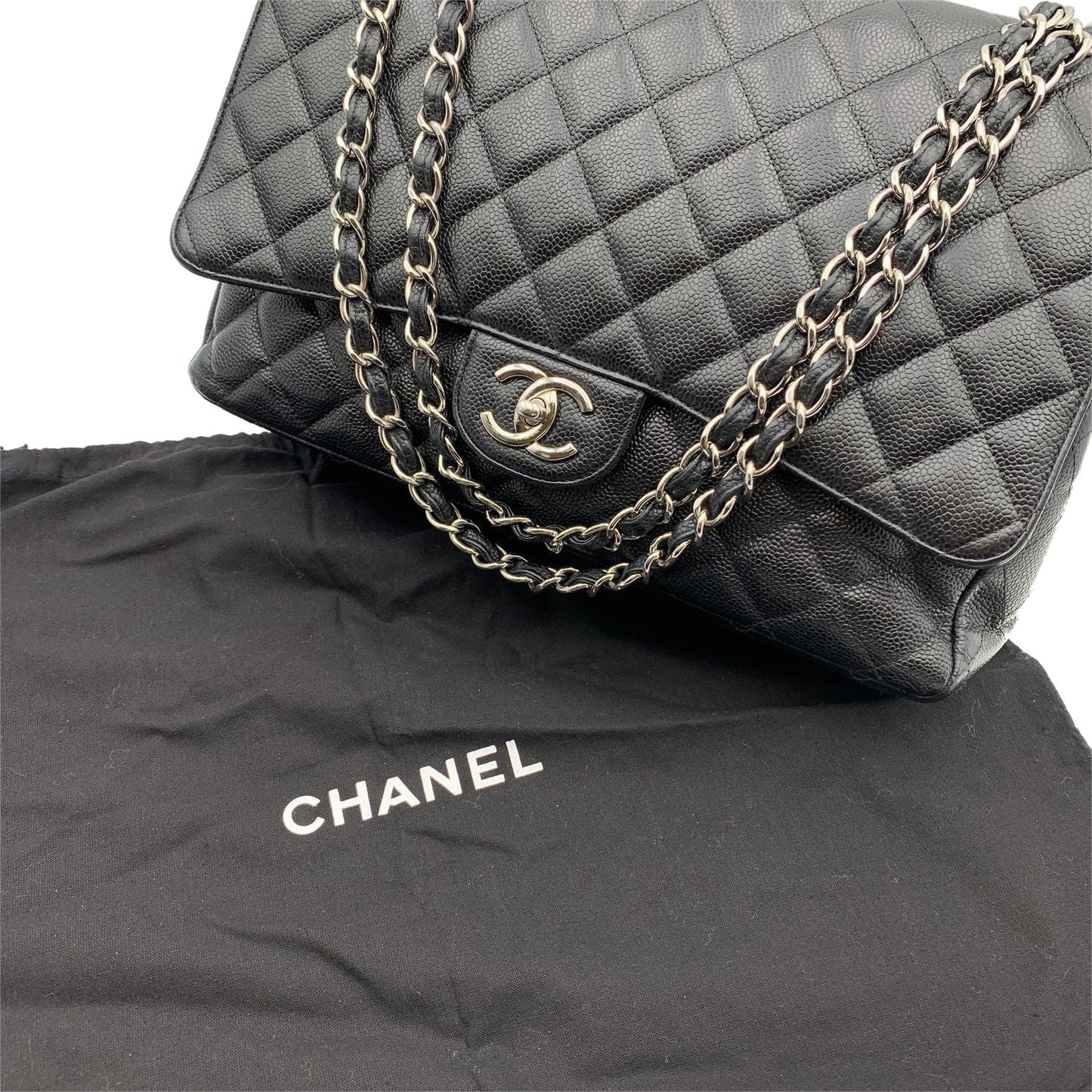 Chanel Black Quilted Caviar Maxi Timeless Classic . Double New Bag