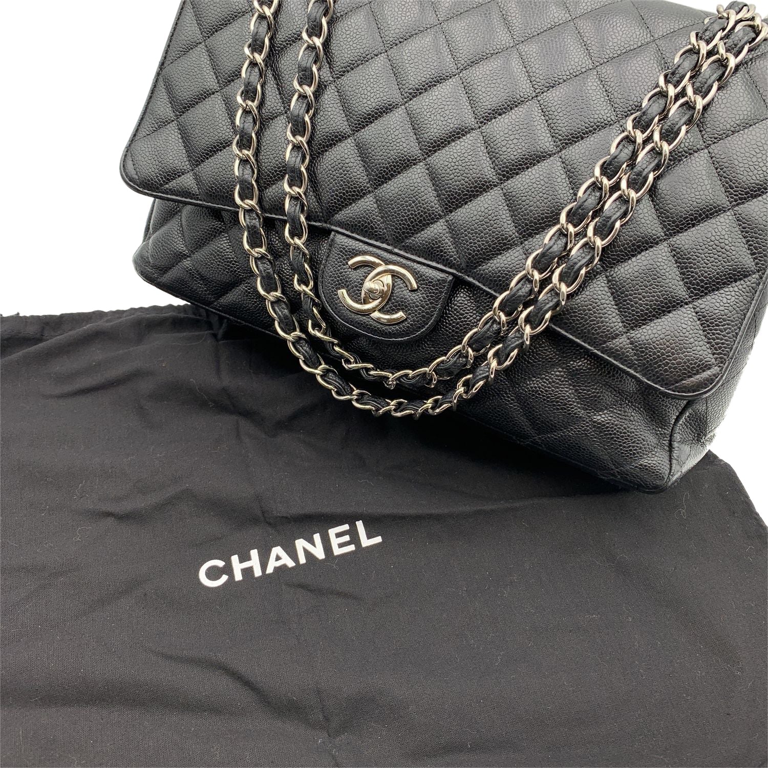 Chanel Black Quilted Caviar Maxi Timeless Classic . Double New Bag
