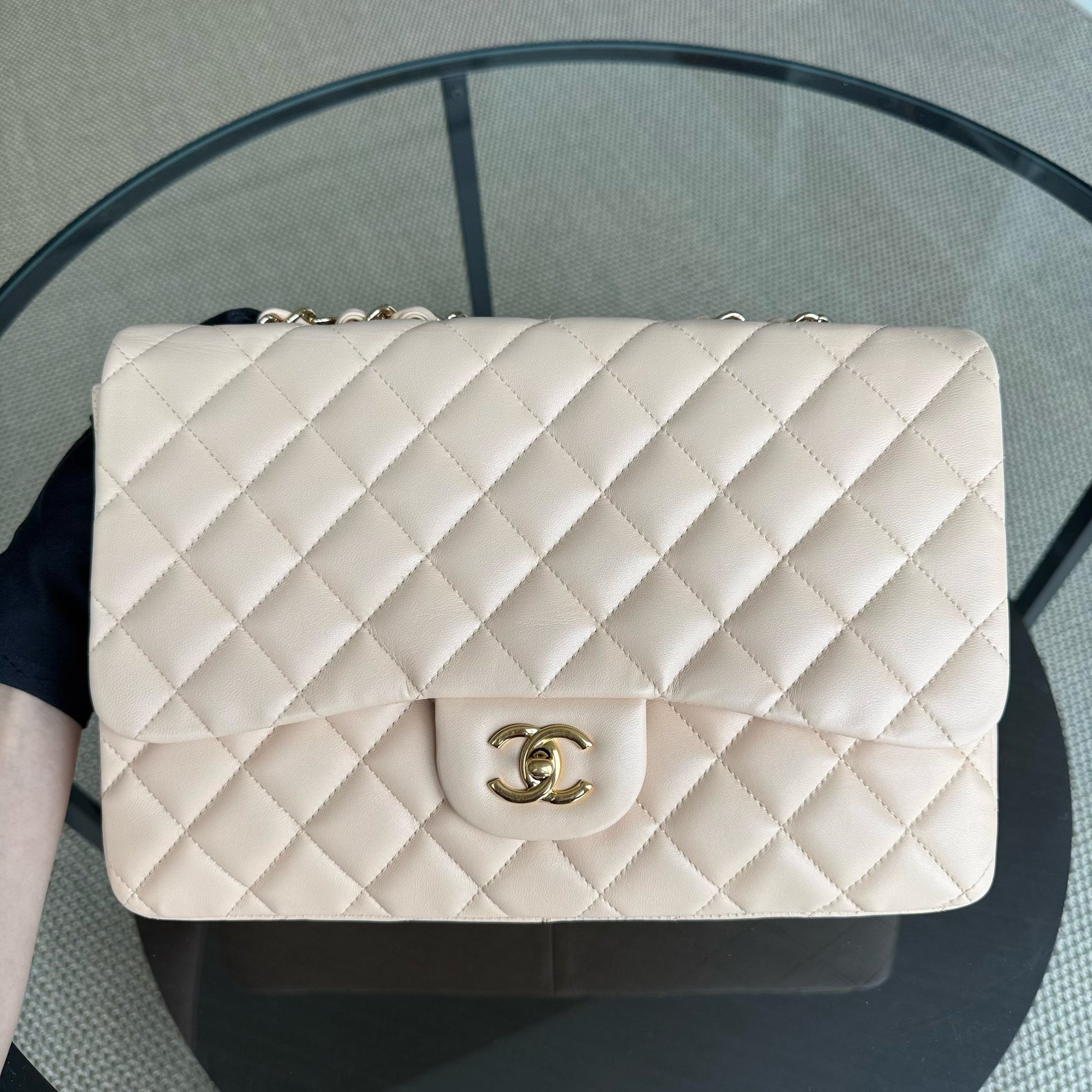 Chanel Classic Flap Jumbo - 30CM Single Flap Quilted Lambskin Beige Gold Hardware Series 13