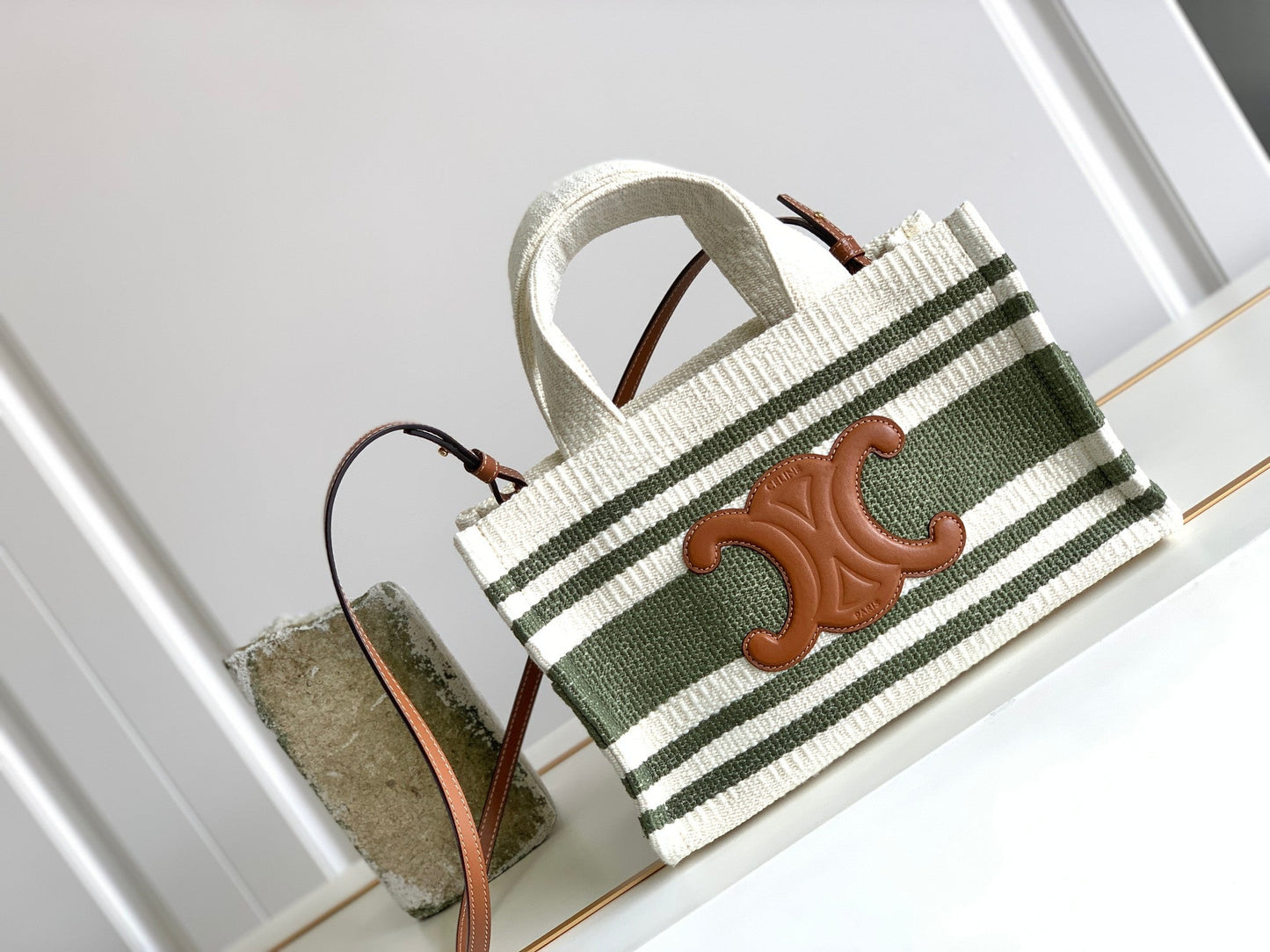 Top Quality Striped Triomphe Cabas Thais Nature Green Small Travel Bag