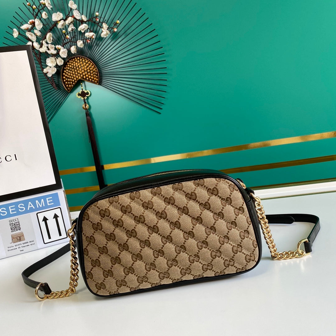 gg Marmont Shouder Ebony Diagonal Canvas Beige Small Handbag