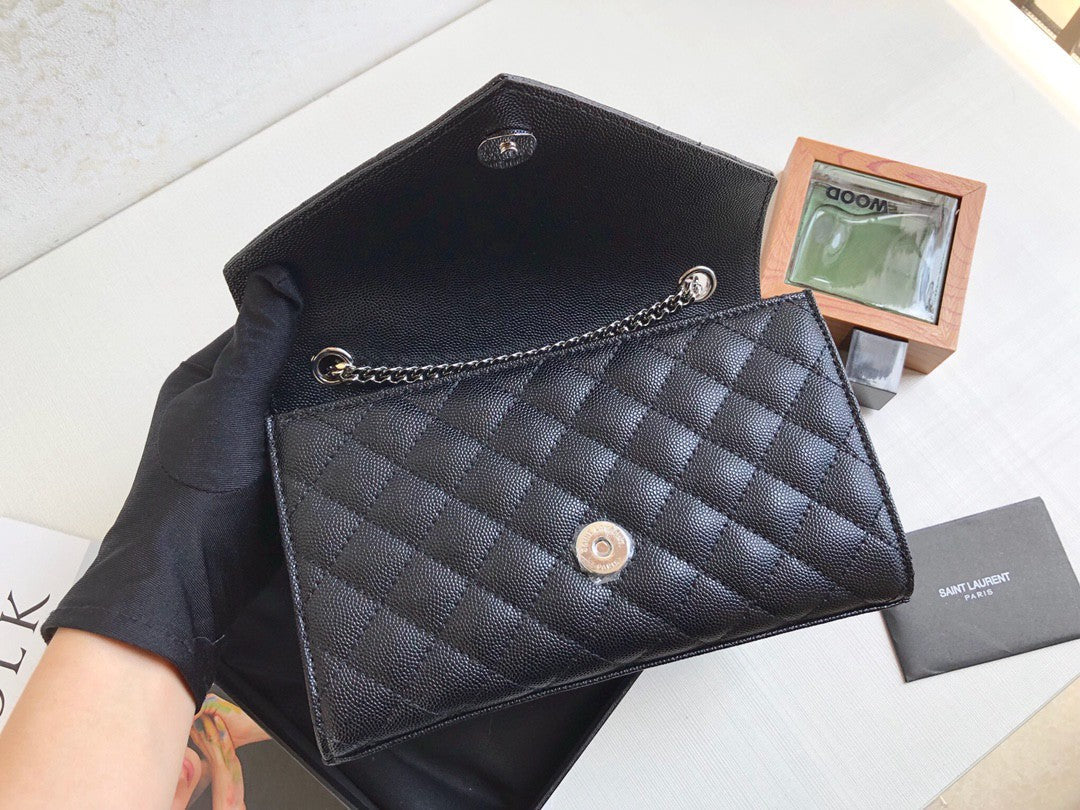 YSL Saint Laurent Envelope Mix MatelassÃ© 8in 21cm Grain De Poudre Black Small Handbag