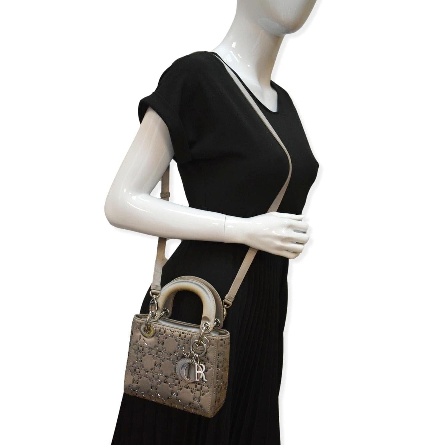 Dior Lady Crystal Embellished Shoulder Bag Gray Satin Mini