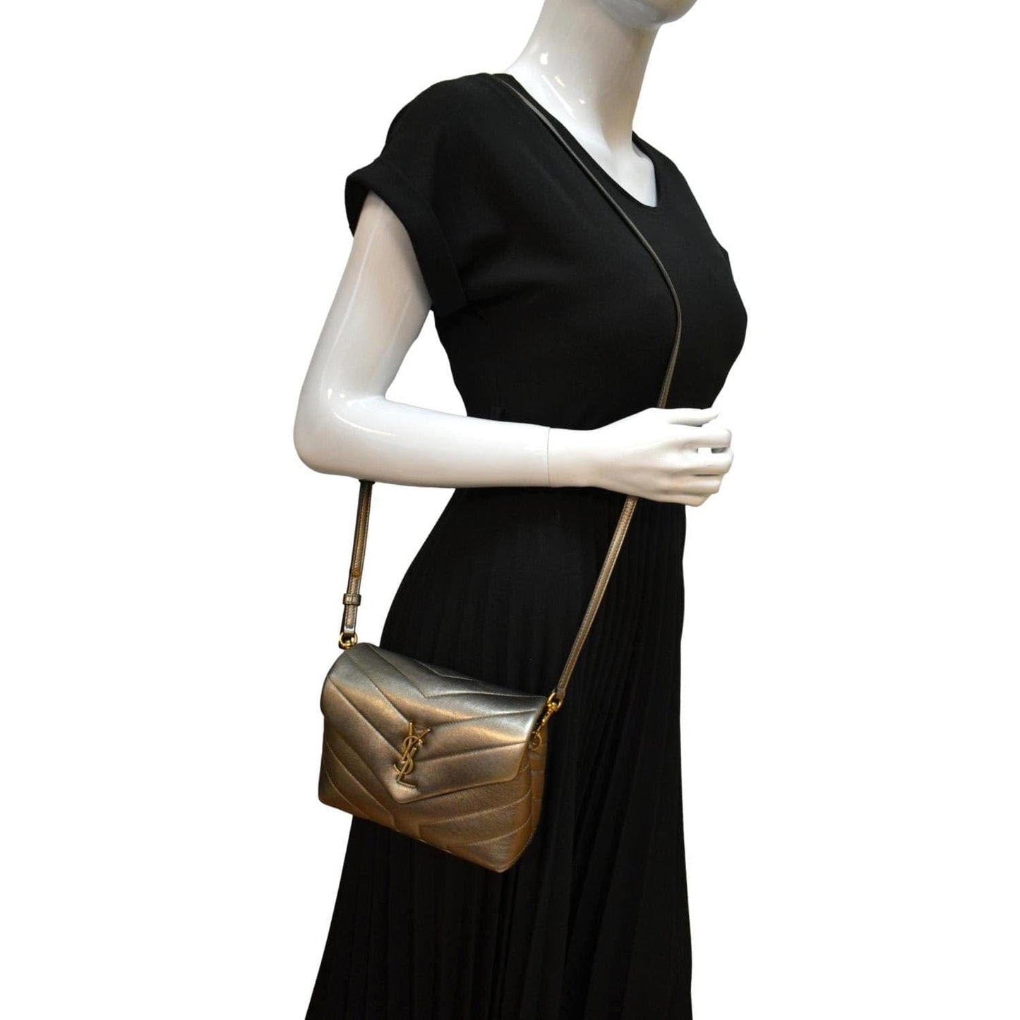 YSL Saint Laurent Yves Loulou Crossbody Bag Metallic Leather Matelasse Gold